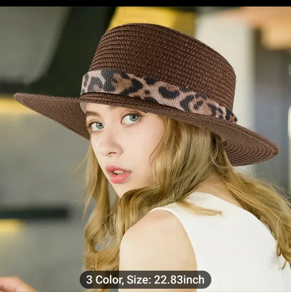 New Brown Flat Top Straw Hat with Leopard Band - Picture 1 of 2